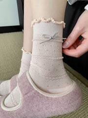 Sweet Balletcore Pointelle Cotton Silver Bow Ruffle Crew Socks For Romantic Outfits