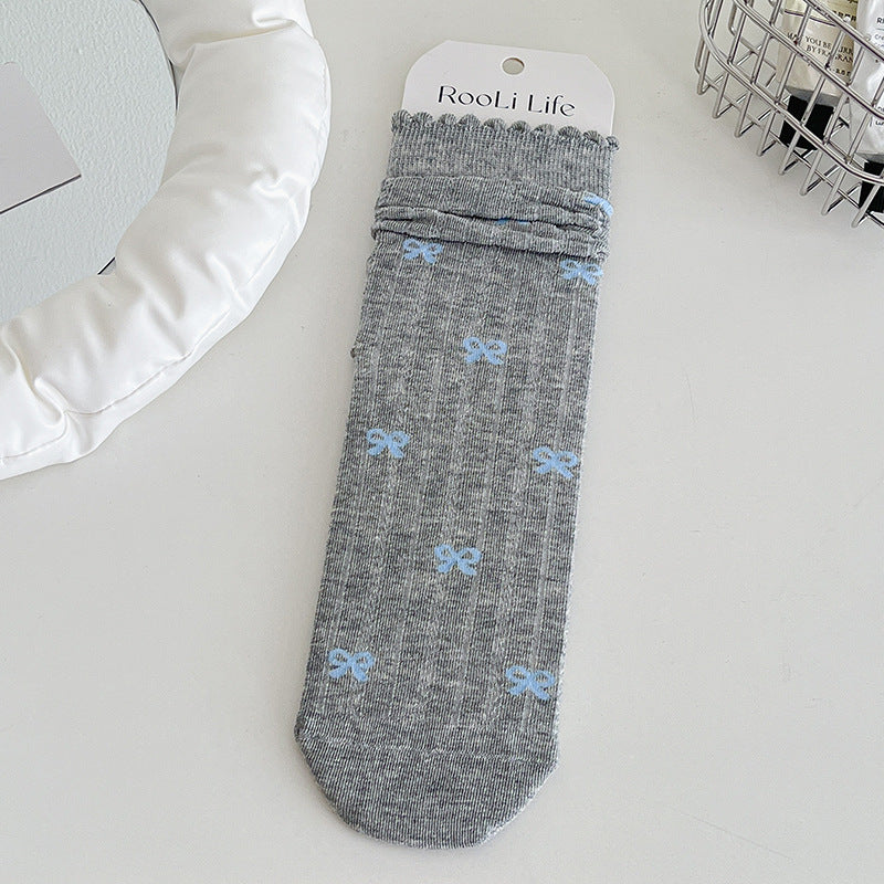 Coquette Kawaii Balletcore Ribbed Cotton Knitted Bow Crew Socks for Romantic Daily Fashion - KawaSocks