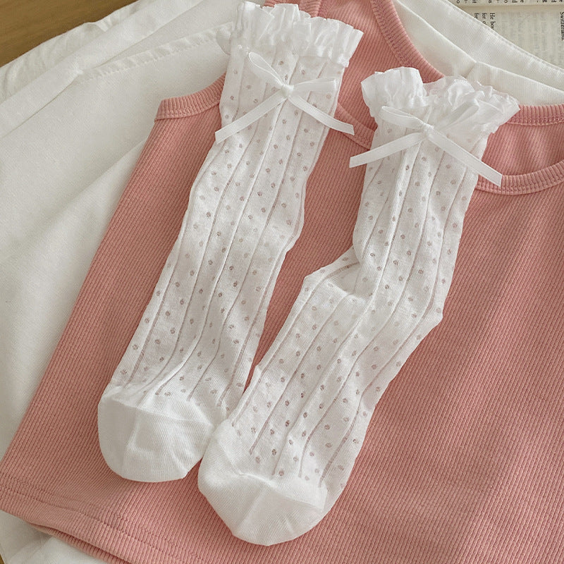 Coquette White Lace Heart Ribbon Ruffle Crew Socks for Balletcore Aesthetic - KawaSocks