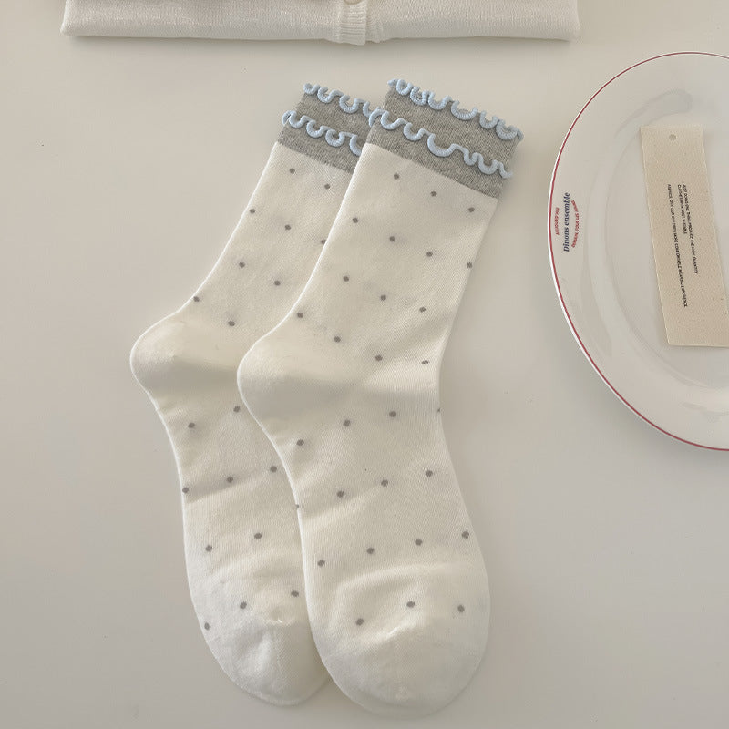 Vintage Coquette Pastel Blue and Gray Ruffle Cotton Crew Socks for Kawaii Aesthetics - KawaSocks
