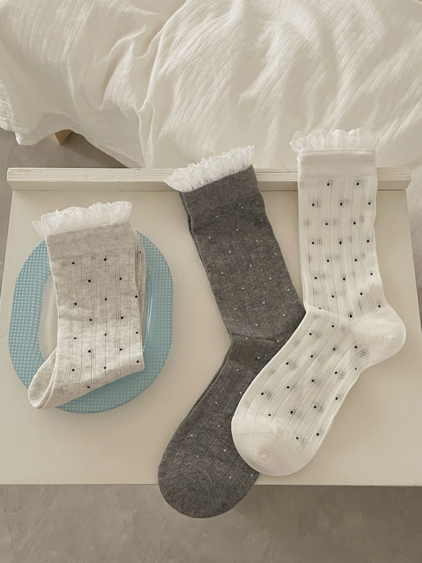 Vintage Coquette Ribbed Cotton Polka Dot Lace Trim Crew Socks For Sweet Outfits - KawaSocks