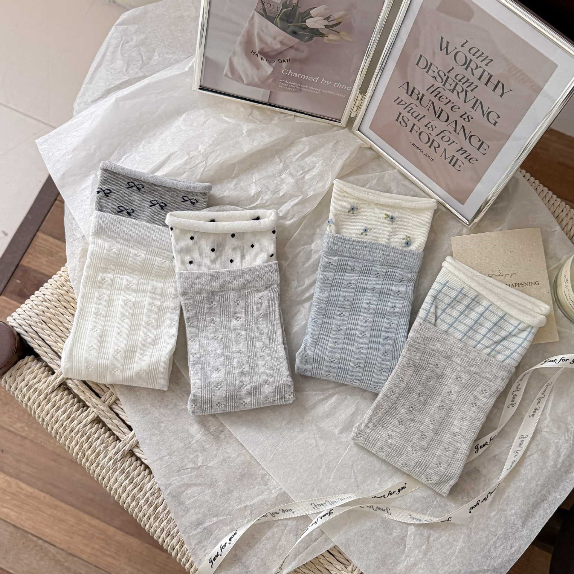 Whimsical Cottagecore Pointelle Cotton Fold-Over Cuff Crew Socks For Sweet Daily Wear - KawaSocks