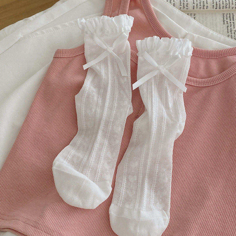 Coquette White Lace Heart Ribbon Ruffle Crew Socks for Balletcore Aesthetic - KawaSocks