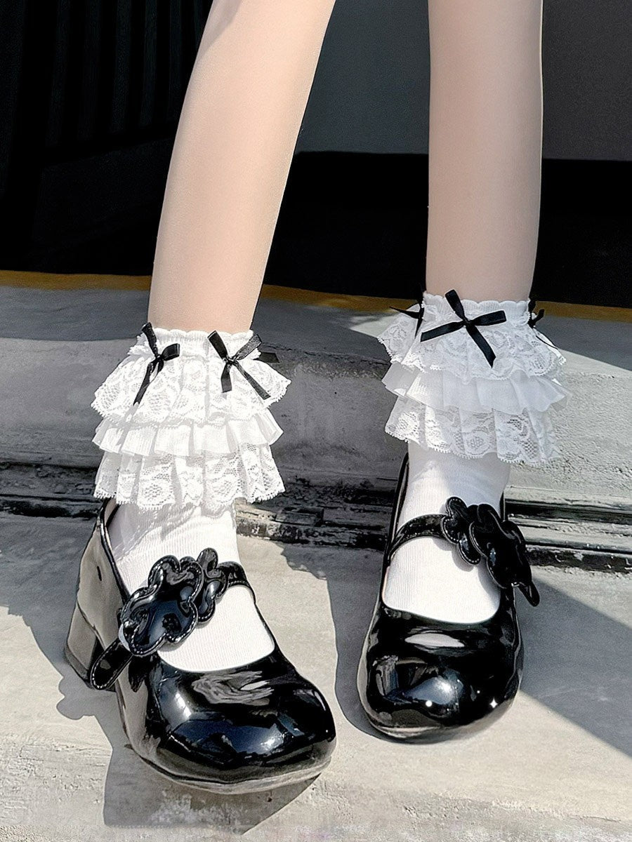 Enchanting Lolita Tiered Lace Ruffle Ribbed Cotton Crew Socks for Doll-Like Fashion - KawaSocks