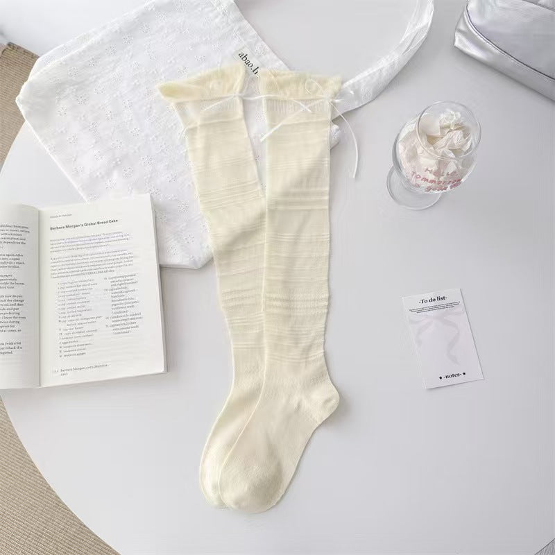 Coquette Balletcore Sheer Striped Mesh Knee High Ribbon Socks - KawaSocks