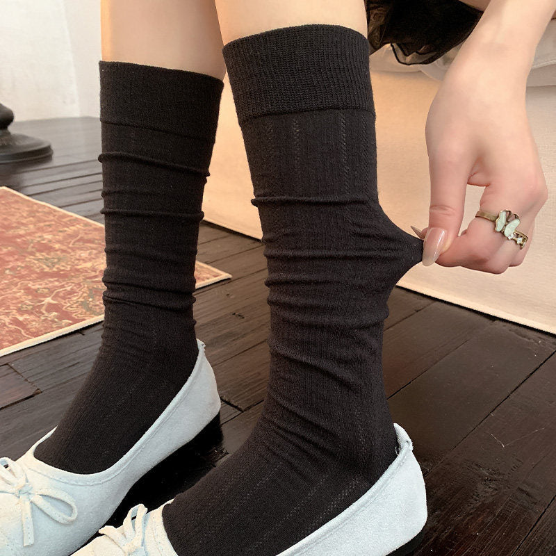 Casual Vintage Ribbed Cotton Pointelle Slouch Crew Socks for Cute Everyday Wear - KawaSocks