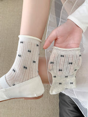 Coquette Aesthetic Sheer Mesh Pointelle Mini Bow Crew Socks - KawaSocks