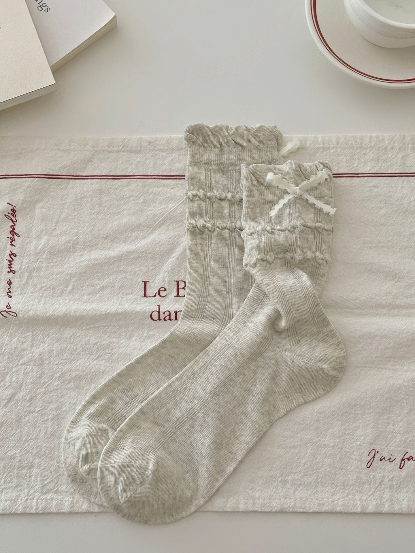 Sweet Coquette Ribbed Cotton Wavy Bow Crew Socks For Romantic Balletcore Styling - KawaSocks