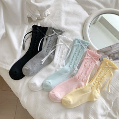 Coquette Romantic Ribbed Cotton Wavy Ribbon Bow Crew Socks For Sweet Daily Wear