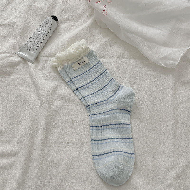 Pastel Kawaii Soft Cotton Striped Ruffle Hem Crew Socks For Everyday Casual Wear - KawaSocks