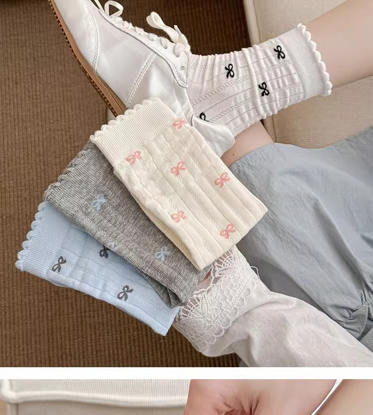 Coquette Kawaii Balletcore Ribbed Cotton Knitted Bow Crew Socks for Romantic Daily Fashion - KawaSocks