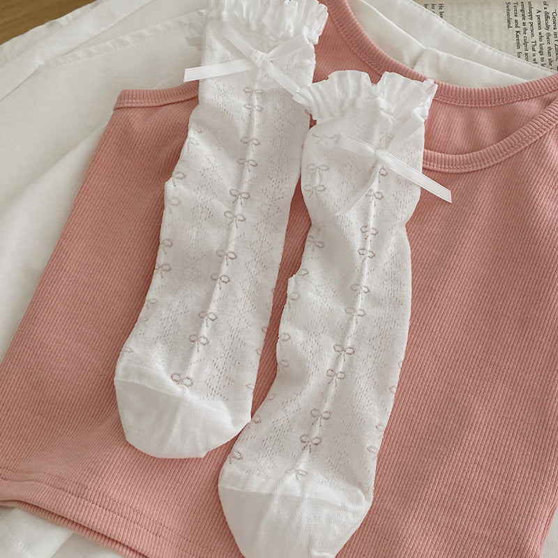 Coquette White Lace Heart Ribbon Ruffle Crew Socks for Balletcore Aesthetic - KawaSocks
