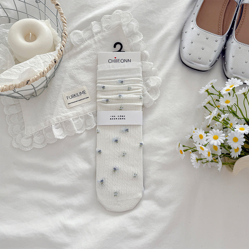 Vintage Cottagecore Pointelle Knit Floral Embroidery Crew Socks - KawaSocks