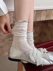 Coquette Vintage Ruffle Ribbon Pointelle Heart Cotton Crew Socks - KawaSocks