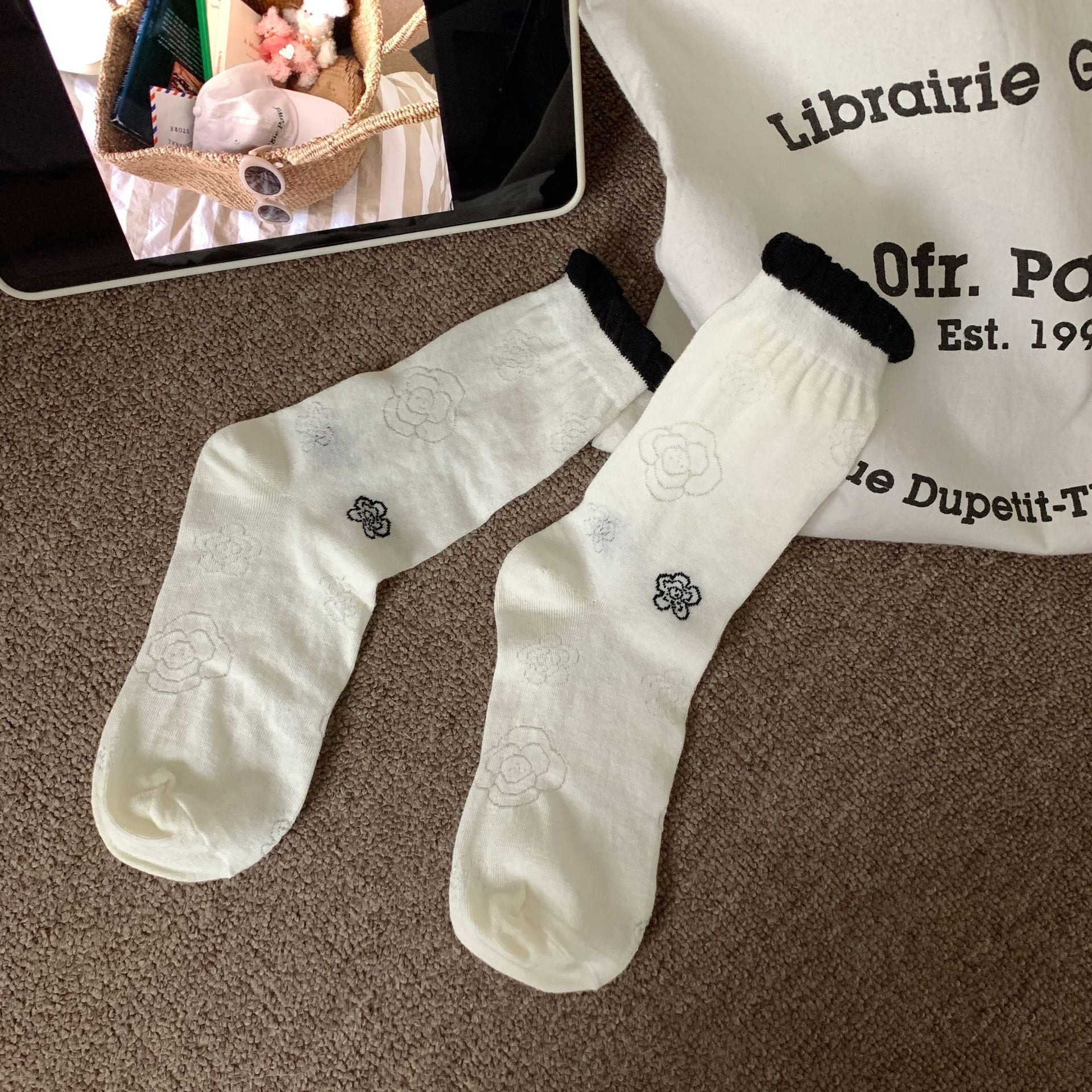 Vintage Coquette Soft Cotton Contrast Ruffle Rose Embroidered Crew Socks for Cute Daily Outfits - KawaSocks