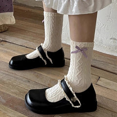 Cottagecore Vintage Soft Cotton Ruffle Edge Ribbon Crew Socks For Romantic Outfits - KawaSocks