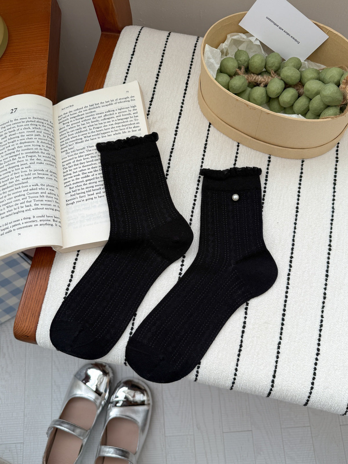 Vintage Coquette Pointelle Mesh Pearl Trim Ruffle Crew Socks - KawaSocks