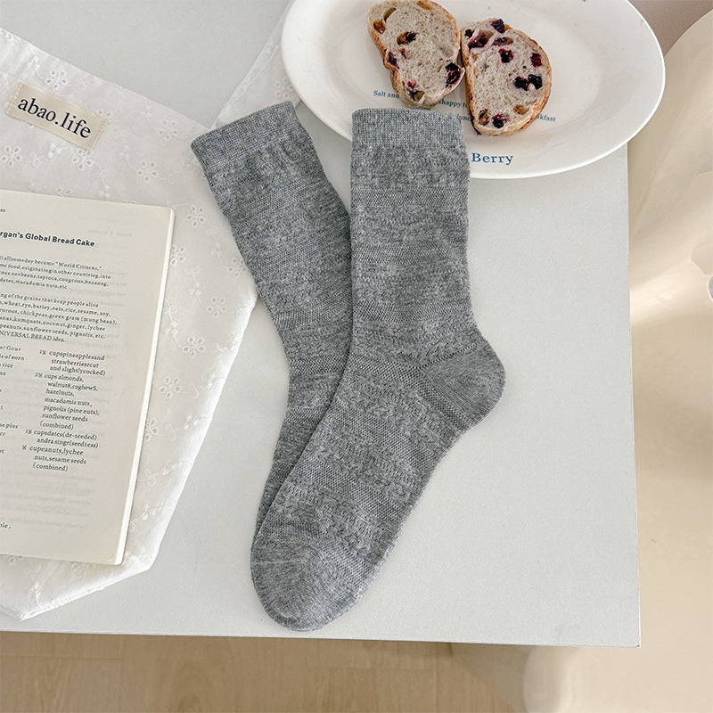 Minimalist Vintage Pointelle Knit Cotton Blend Crew Socks - KawaSocks