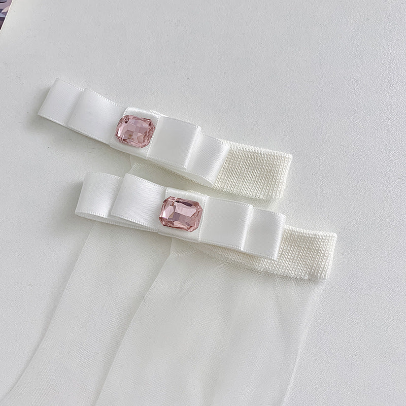 Enchanting Coquette Sheer Glass Silk Jeweled Bow Crew Socks for Lolita Styling - KawaSocks