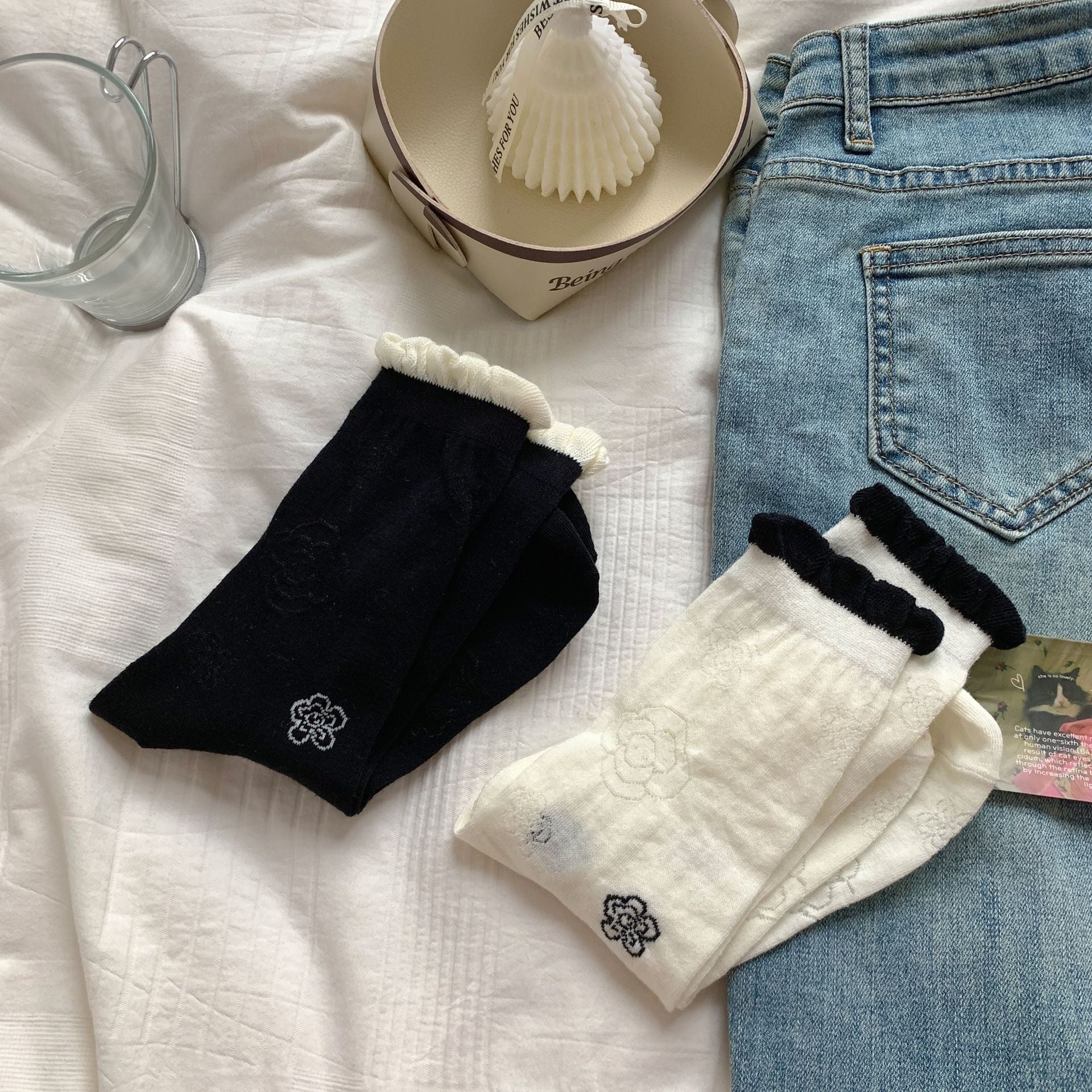 Vintage Coquette Soft Cotton Contrast Ruffle Rose Embroidered Crew Socks for Cute Daily Outfits - KawaSocks