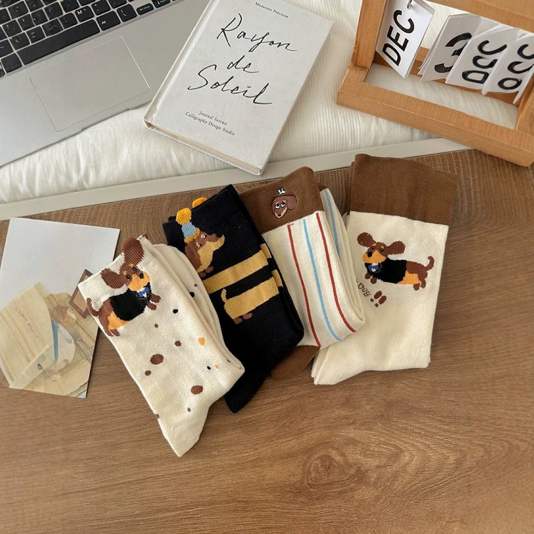 Playful Dachshund Puppy Print Soft Cotton Crew Socks for Casual Everyday Outfits - KawaSocks