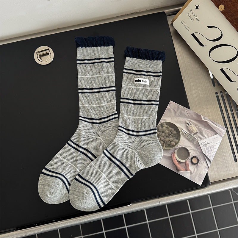 Vintage Preppy Ribbed Cotton Ruffle Trim Crew Socks For Cute Everyday Outfits - KawaSocks
