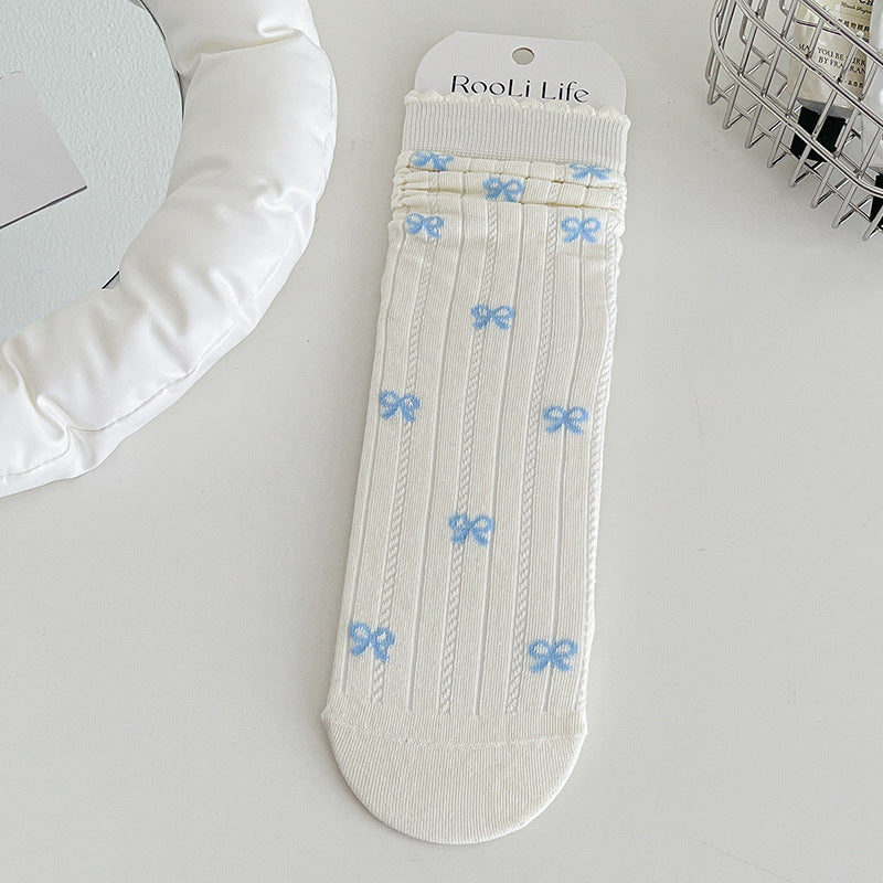 Coquette Kawaii Balletcore Ribbed Cotton Knitted Bow Crew Socks for Romantic Daily Fashion - KawaSocks
