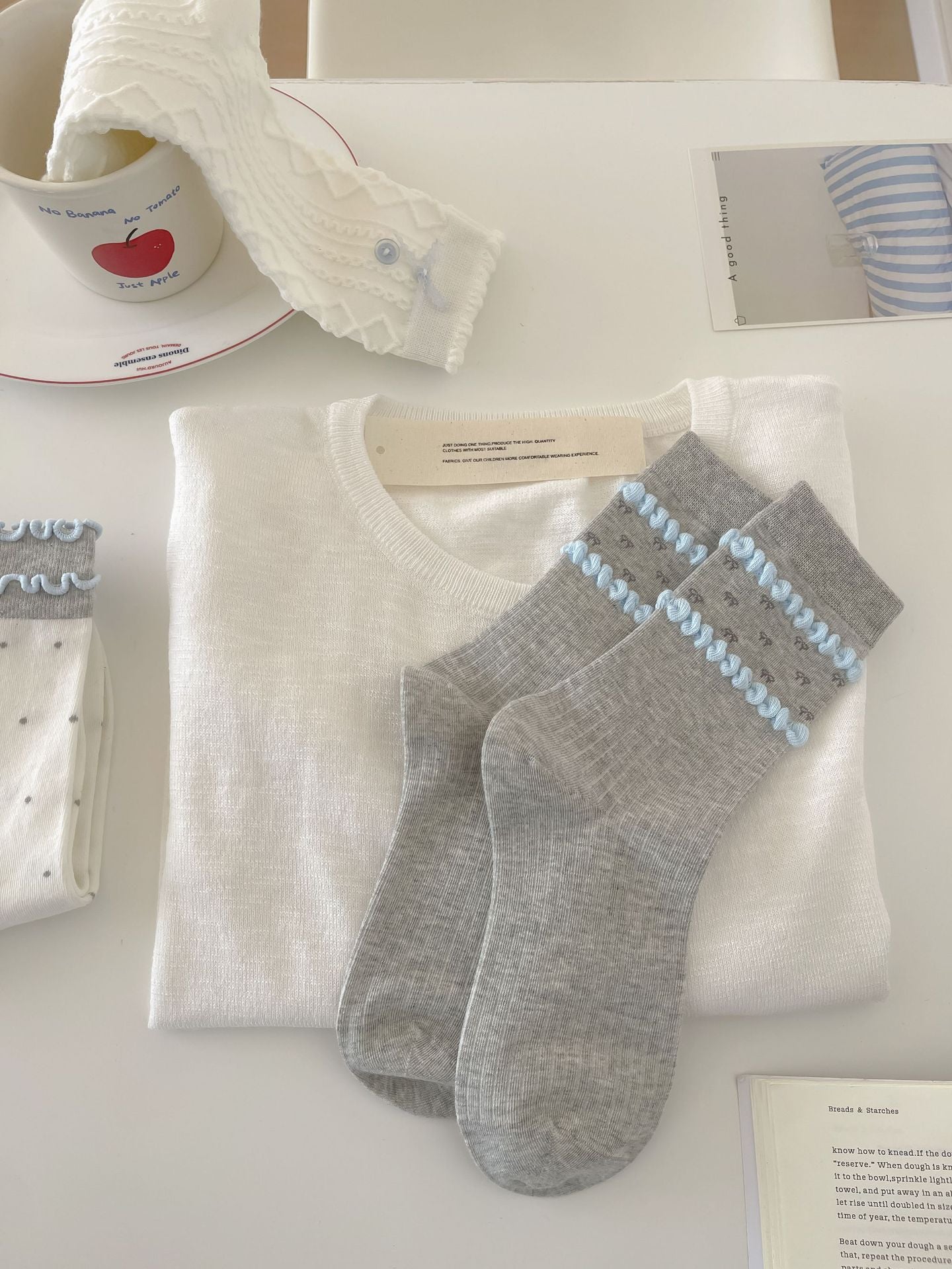 Vintage Coquette Pastel Blue and Gray Ruffle Cotton Crew Socks for Kawaii Aesthetics - KawaSocks