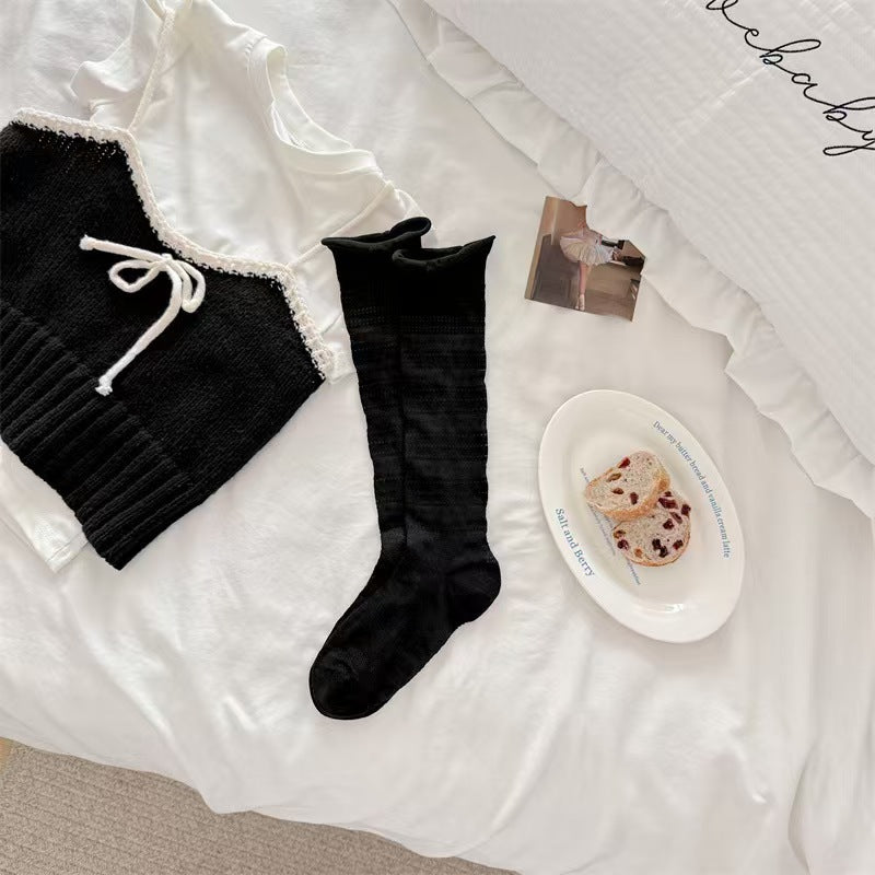 Vintage Pointelle Breathable Mesh Diamond Knit Knee High Socks For Romantic Styling - KawaSocks