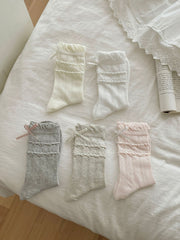 Coquette Romantic Ribbed Cotton Ruffle Bow Crew Socks For Sweet Vintage Styling