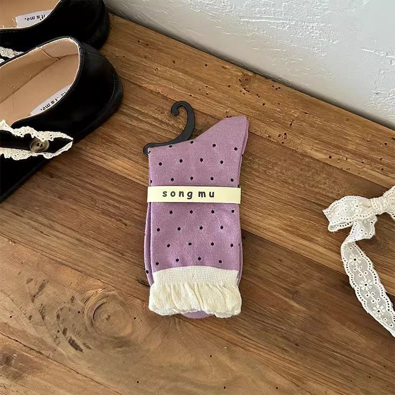 Cottagecore Vintage Soft Cotton Ruffle Edge Ribbon Crew Socks For Romantic Outfits - KawaSocks