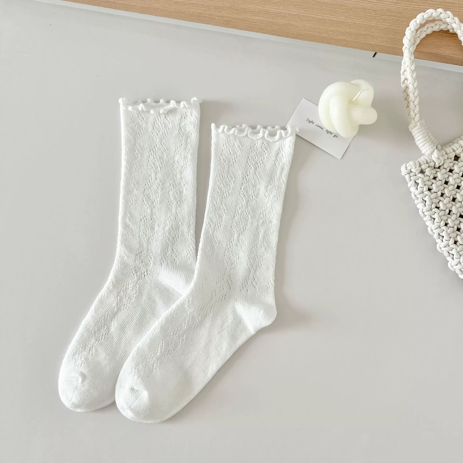 Vintage Mori Girl Pointelle Cotton Lettuce Edge Ruffle Crew Socks - KawaSocks