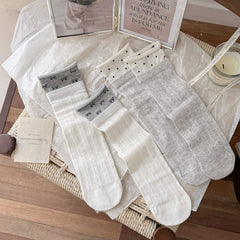Whimsical Cottagecore Pointelle Cotton Fold-Over Cuff Crew Socks For Sweet Daily Wear - KawaSocks