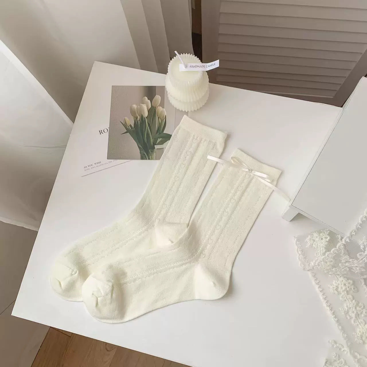 Romantic Coquette Cream Cotton Heart Pointelle Crew Socks with Satin Bows - KawaSocks