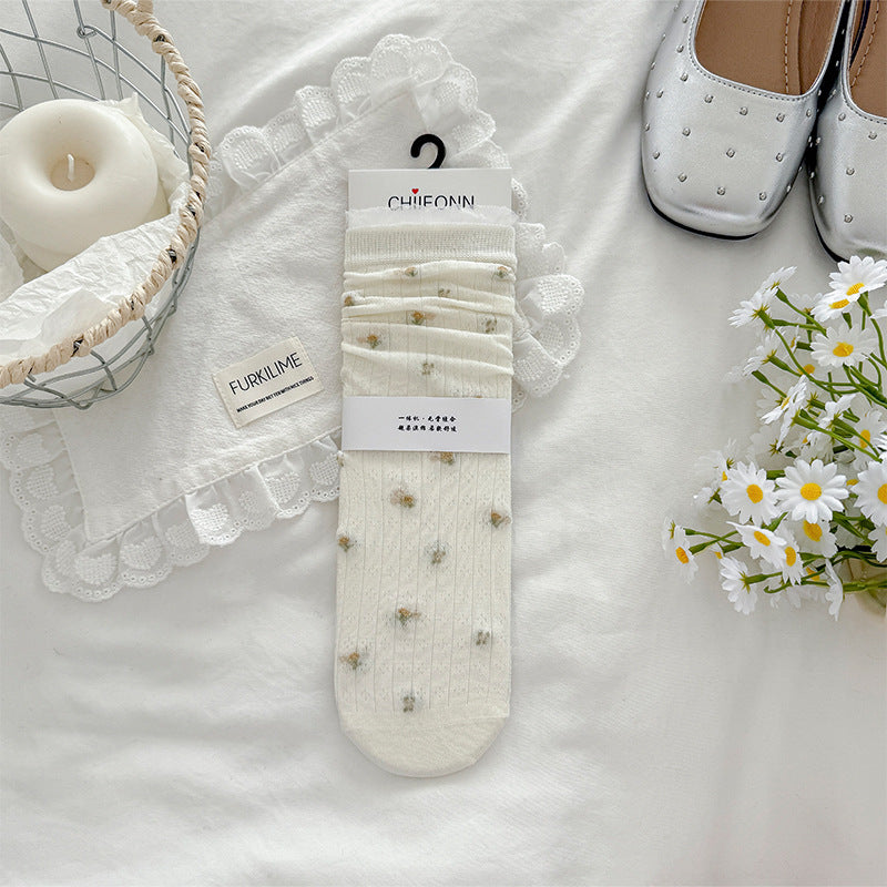 Vintage Cottagecore Pointelle Knit Floral Embroidery Crew Socks - KawaSocks