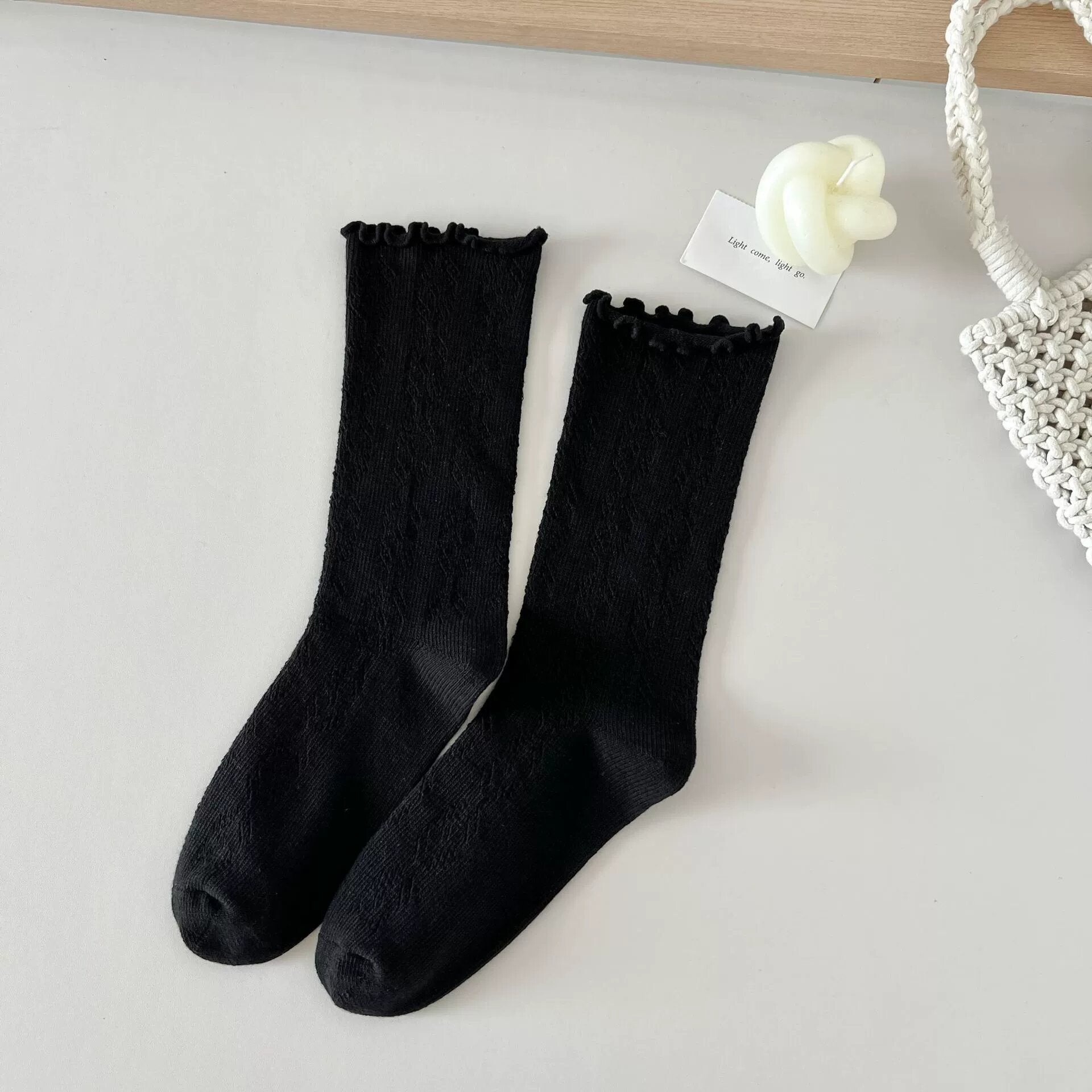 Vintage Mori Girl Pointelle Cotton Lettuce Edge Ruffle Crew Socks - KawaSocks
