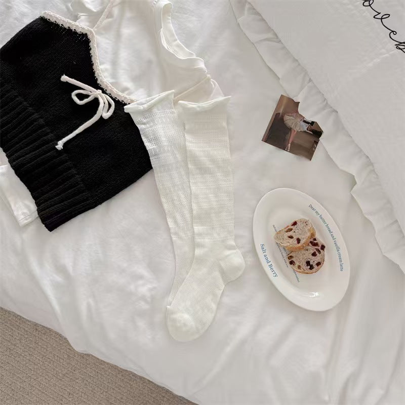 Vintage Pointelle Breathable Mesh Diamond Knit Knee High Socks For Romantic Styling - KawaSocks