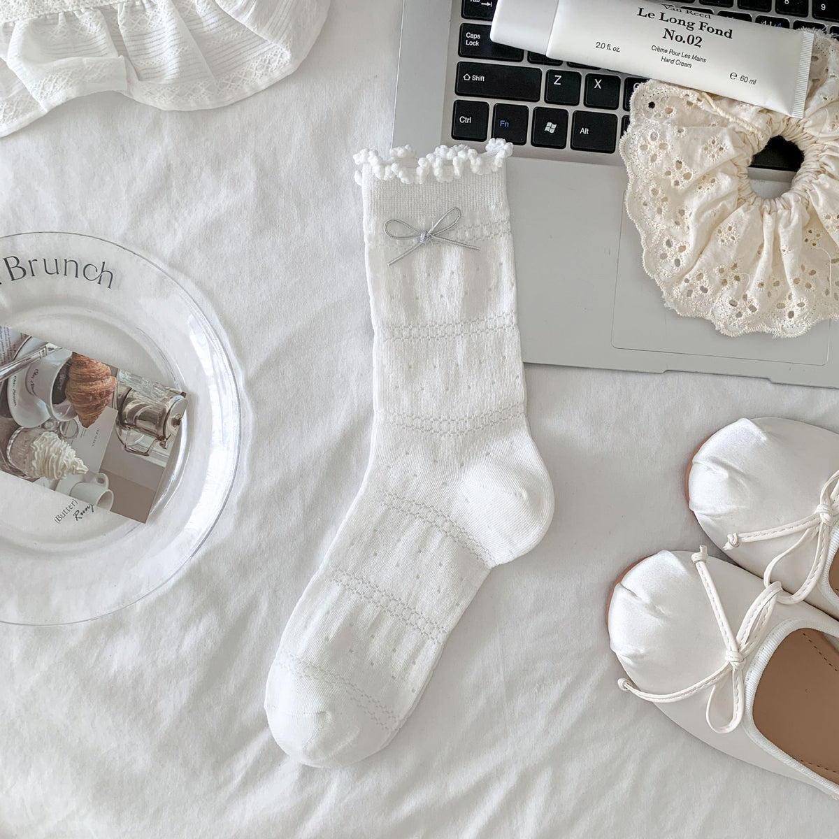 Sweet Balletcore Pointelle Cotton Silver Bow Ruffle Crew Socks For Romantic Outfits