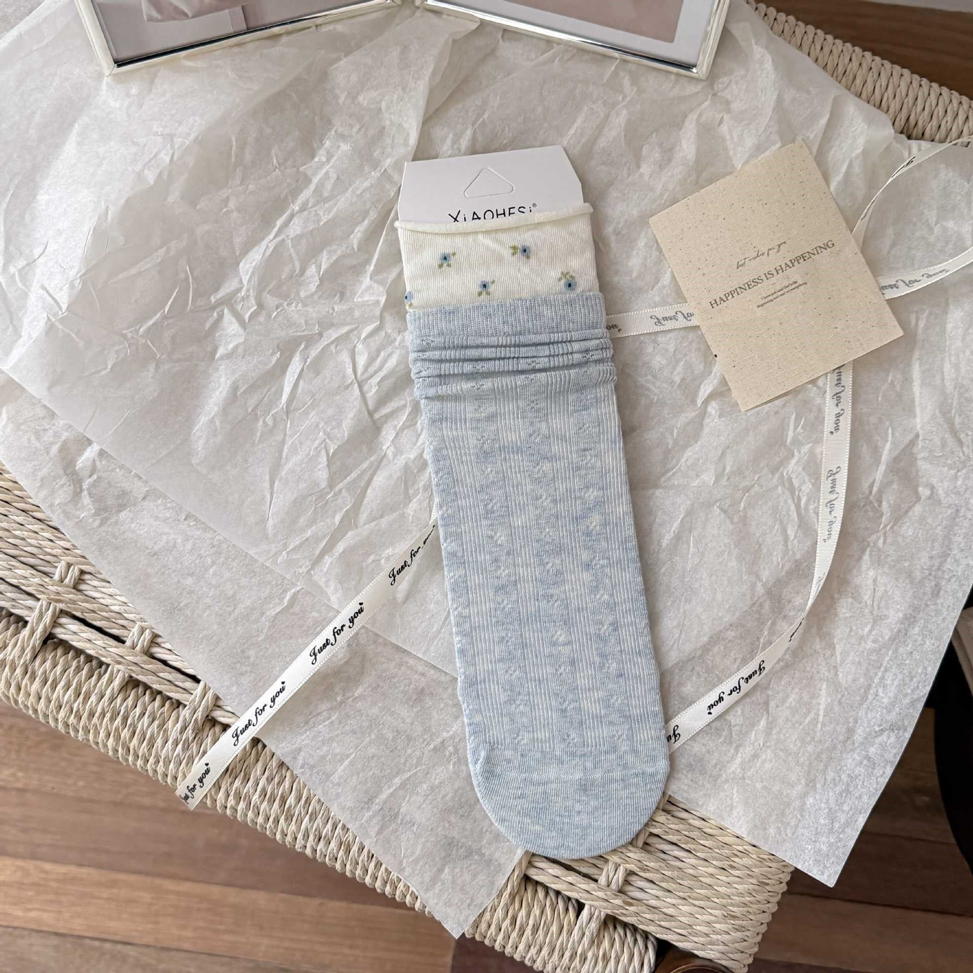 Whimsical Cottagecore Pointelle Cotton Fold-Over Cuff Crew Socks For Sweet Daily Wear - KawaSocks