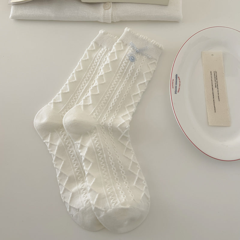 Vintage Coquette Pastel Blue and Gray Ruffle Cotton Crew Socks for Kawaii Aesthetics - KawaSocks