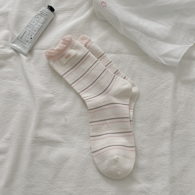 Pastel Kawaii Soft Cotton Striped Ruffle Hem Crew Socks For Everyday Casual Wear - KawaSocks