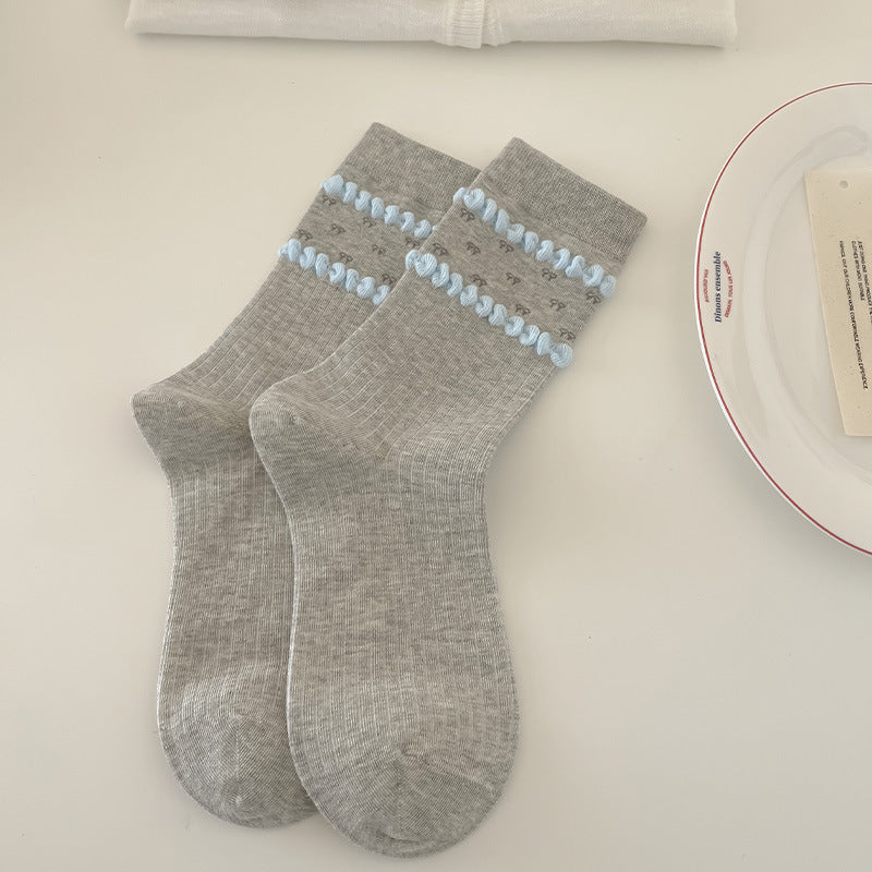Vintage Coquette Pastel Blue and Gray Ruffle Cotton Crew Socks for Kawaii Aesthetics - KawaSocks
