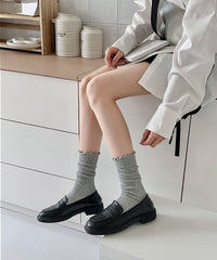 Vintage Mori Girl Pointelle Cotton Lettuce Edge Ruffle Crew Socks - KawaSocks