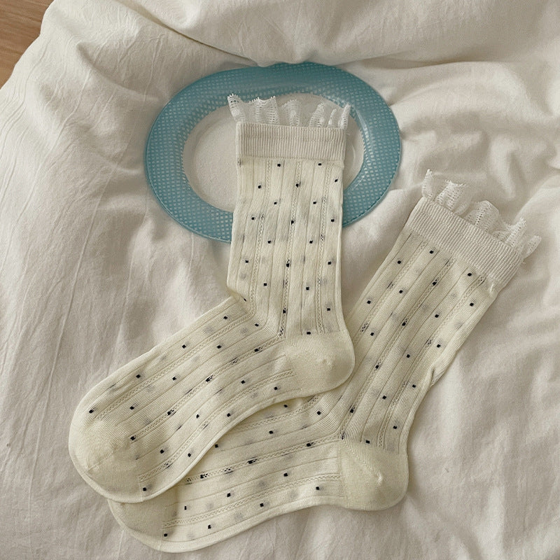 Vintage Coquette Ribbed Cotton Polka Dot Lace Trim Crew Socks For Sweet Outfits - KawaSocks