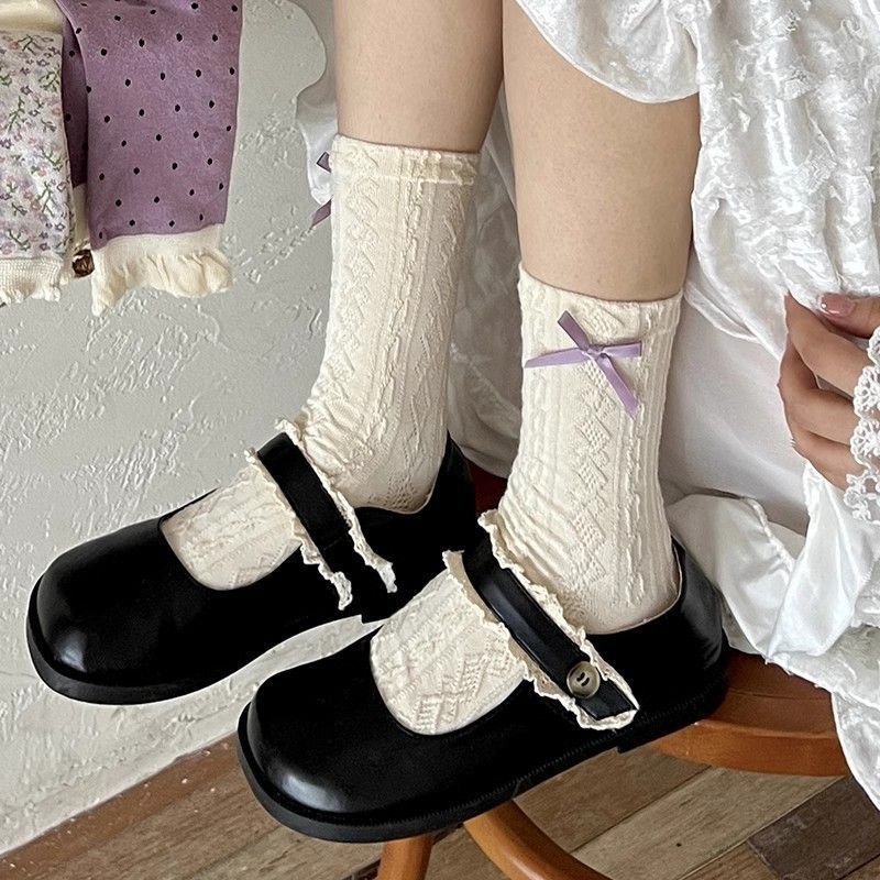Cottagecore Vintage Soft Cotton Ruffle Edge Ribbon Crew Socks For Romantic Outfits - KawaSocks