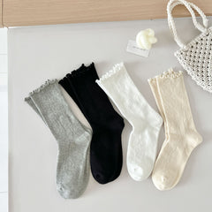 Vintage Mori Girl Pointelle Cotton Lettuce Edge Ruffle Crew Socks - KawaSocks