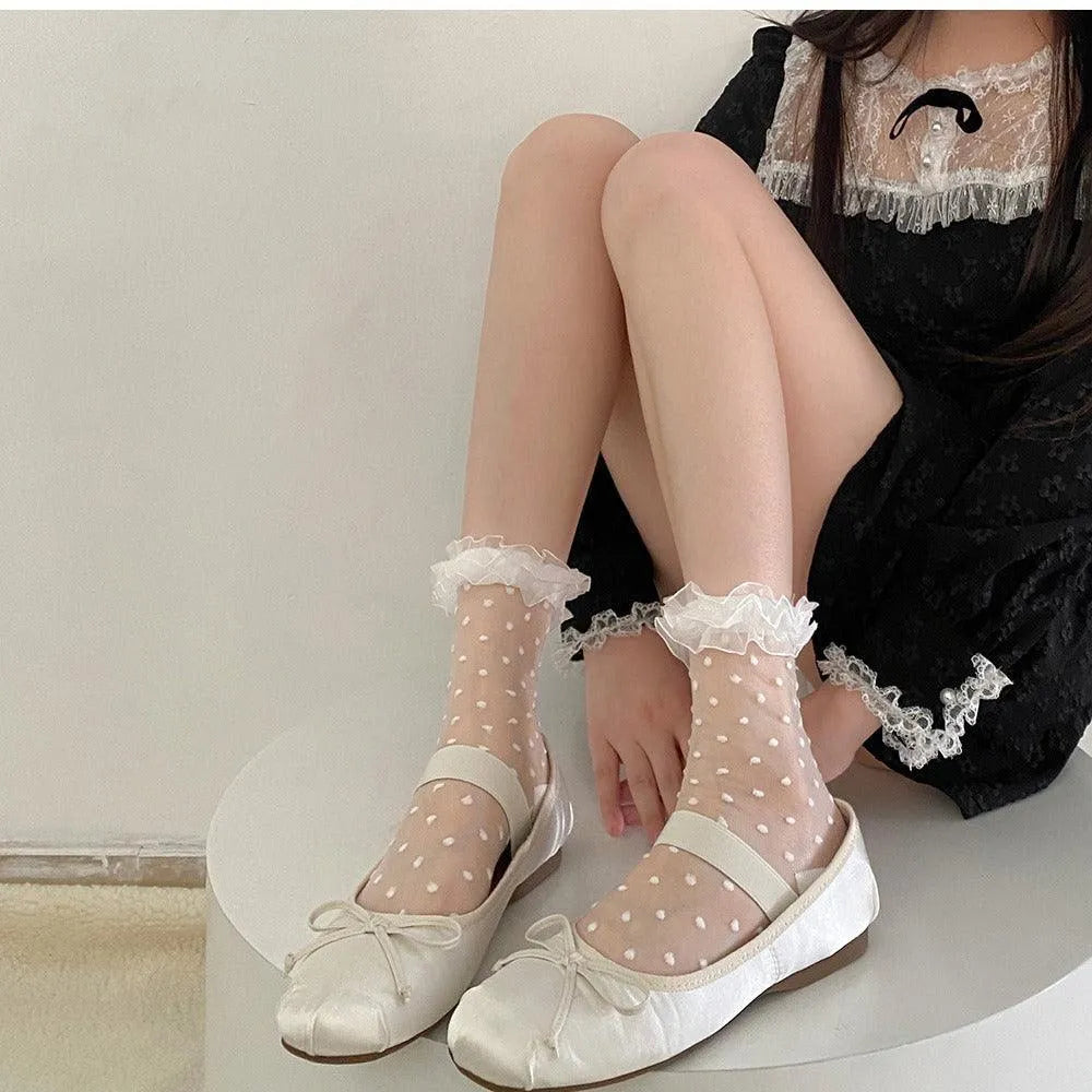 Polka Dot Socks with RuffleTransparent Ankle Mesh Socks for Ballet - KawaSocks