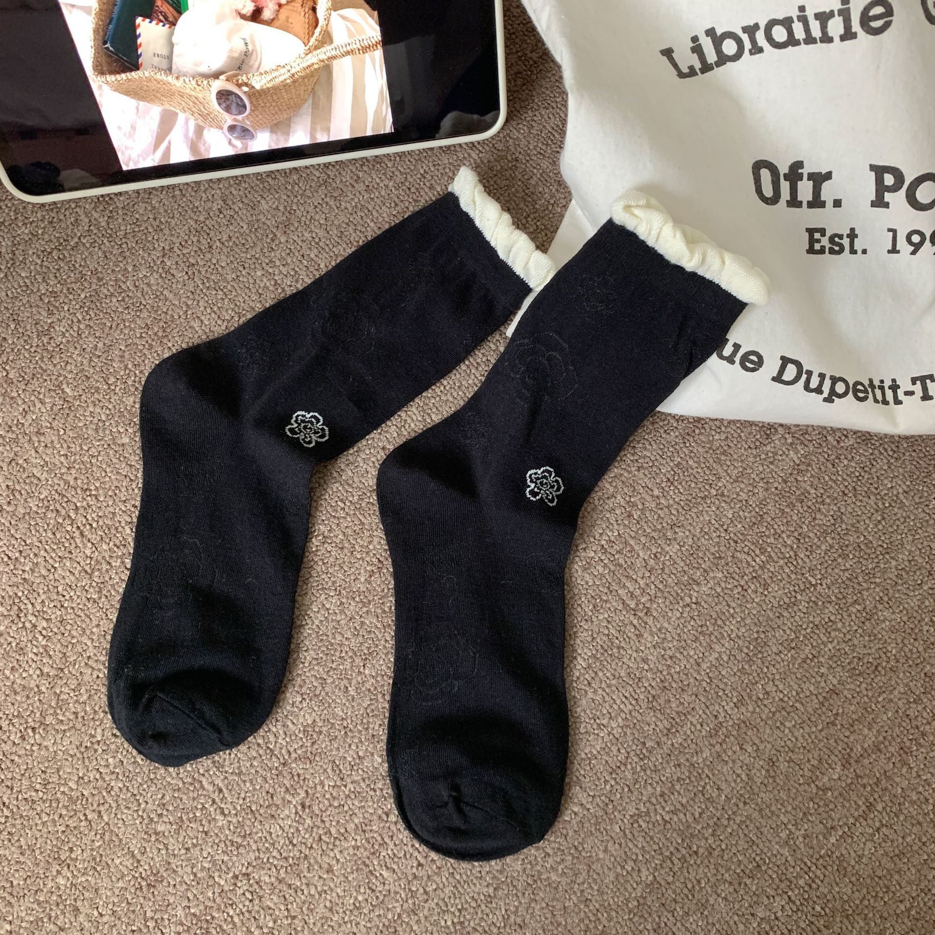 Vintage Coquette Soft Cotton Contrast Ruffle Rose Embroidered Crew Socks for Cute Daily Outfits - KawaSocks