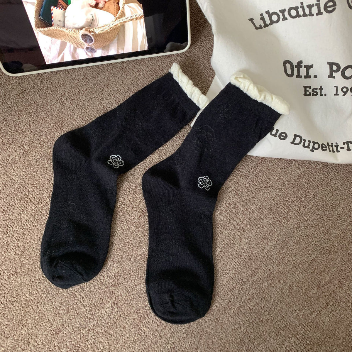 Vintage Coquette Soft Cotton Contrast Ruffle Rose Embroidered Crew Socks for Cute Daily Outfits - KawaSocks