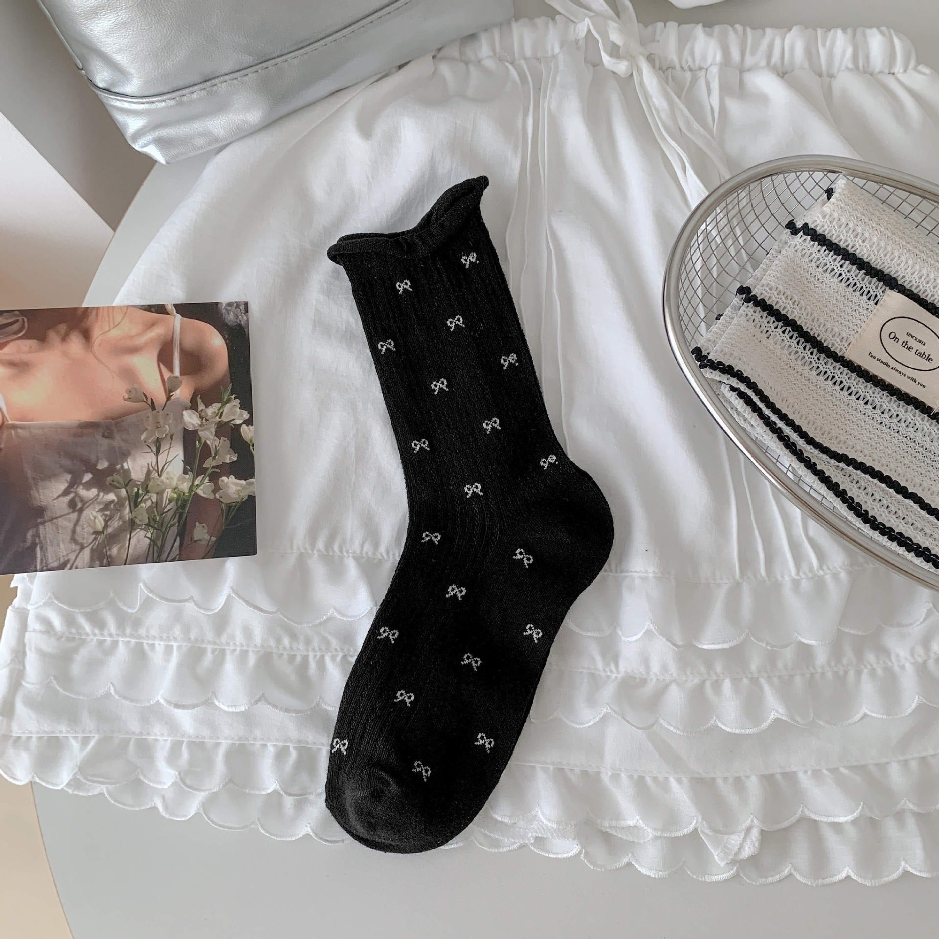 Coquette Aesthetic Sheer Mesh Pointelle Mini Bow Crew Socks - KawaSocks